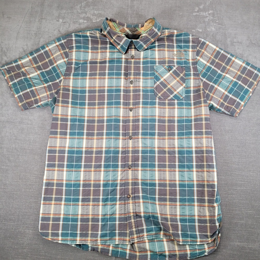 The North Face Mens Plaid Short Sleeve Button Up Shirt Green Brown Orange Sz 2XL